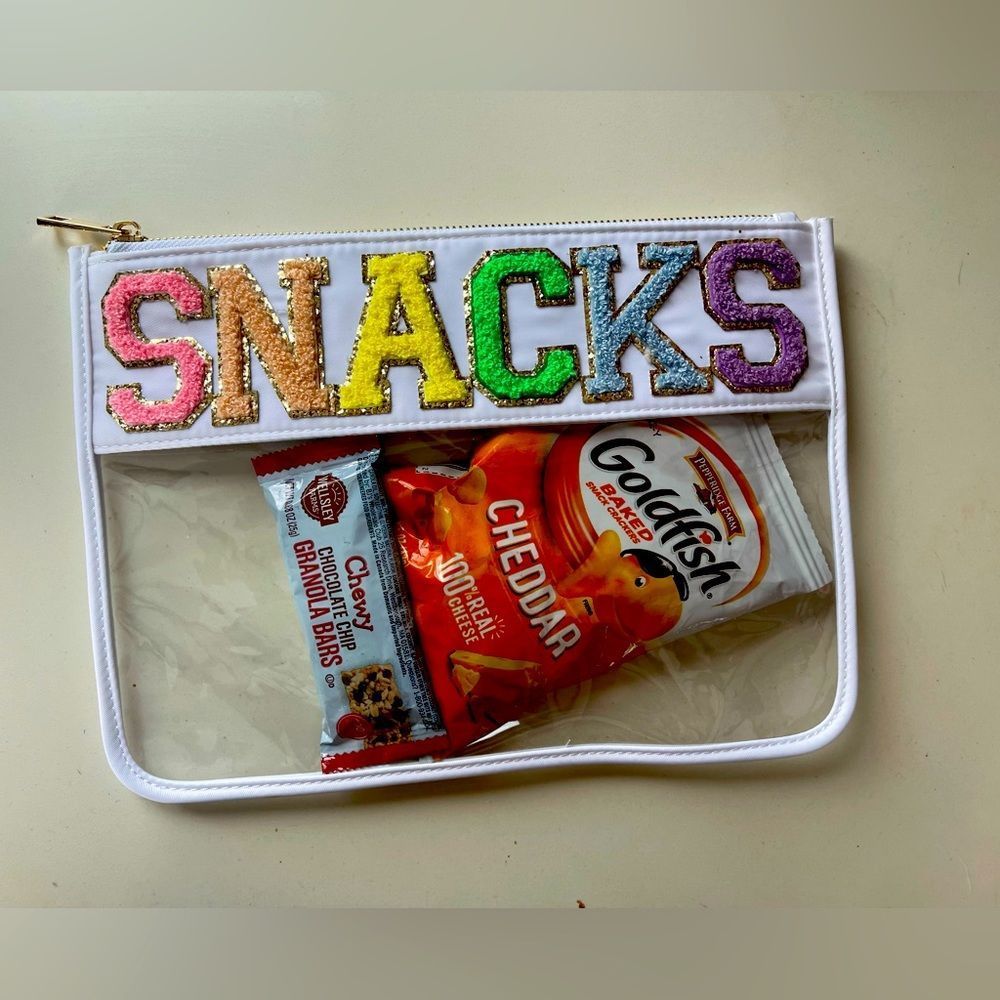 Water resistant, clear pouch, chenille lettering!